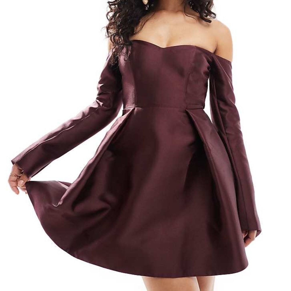 Off Shoulder Mini Dress Long Sleeve Burgundy Size 12